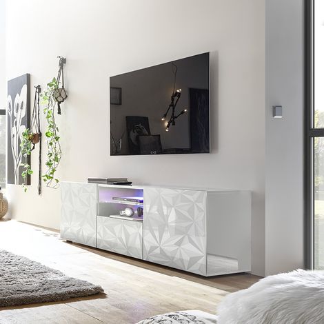 Les Tendances – Meuble TV contemporain blanc laqué brillant – L181 x P43 x H57 cm – Finition anti-rayure – Grand rangement avec 1 tiroir et 2 portes (1/5)