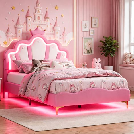 JOOKGBD–Lit enfant rembourré 140x190 cm,lit double,lit fille,lit adolescent,tête de lit couronne princesse,LED réglable,tête réglable en hauteur,sommier lattes,PU,rose