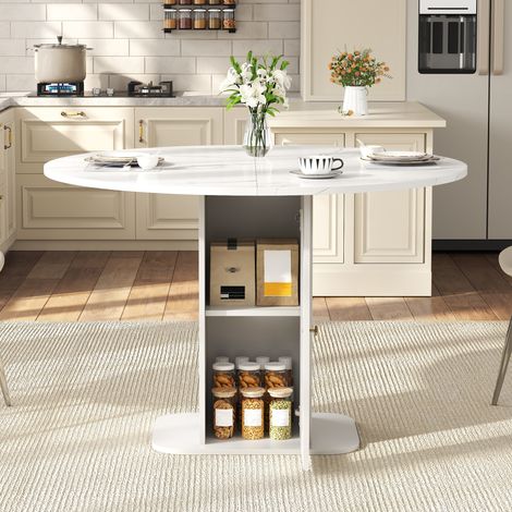 Table Bar Ronde Rangement Intégré Porte Verre Canelé Dessus Marbre Blanc 80×80×75cm (1/5)