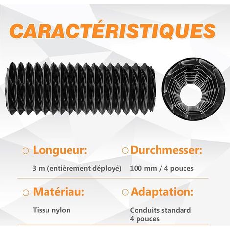 Gaine d’Aération 100 mm 3 m Tuyau Flexible en Nylon Renforcé (1/4)