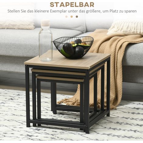 MEUBLIV Set mit 3 quadratischen Satztischen in Holzoptik Natur und schwarzem Stahl (1/5)