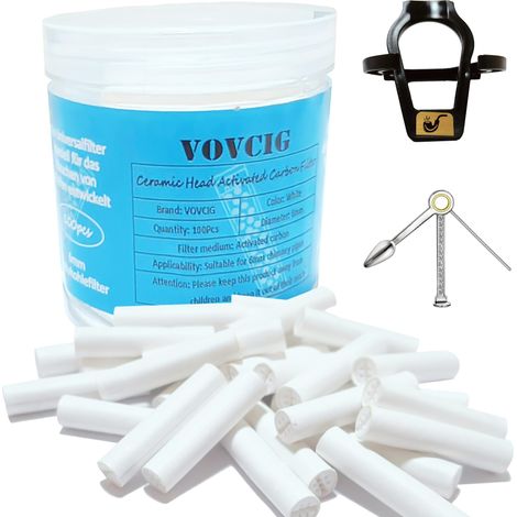 Lot de 100 filtres à charbon actif - 6 mm - En céramique - Avec support de tuyau et grattoir à pipe 3 en 1 (1/5)