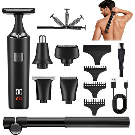 Rasoirs de dos pour homme, rasoirs corporels 5 en 1 pour homme avec poignée d'extension réglable, brosse de nettoyage de têtes de rechange, kit de toilettage électrique pour le dos et la poitrine (1/5)