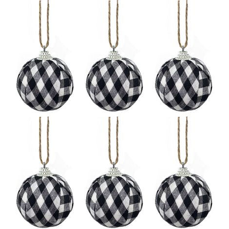 6 Stück Stoff-Weihnachtskugel-Anhänger, 7 cm, schwarz-weiß kariert, mit Stoff umwickelt, für die Weihnachtsdekoration (1/5)