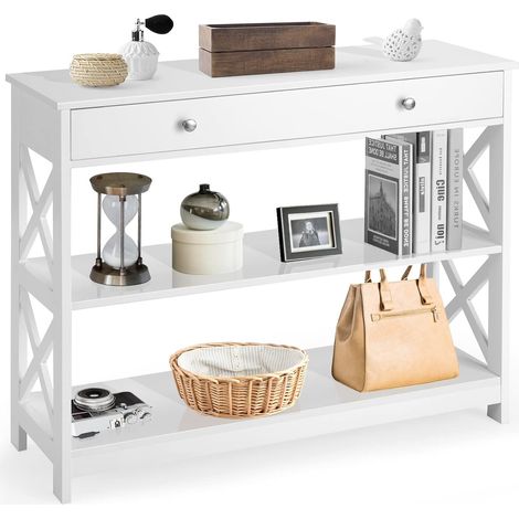 Goplus – Table console moderne 3 niveaux – Etagères et tiroirs – Bois MDF blanc – Charge jusqu'à 95 kg – Design industriel (1/5)