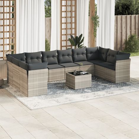 Ensemble Canapé Jardin Modulaire 11 Pièces Résine Tressée Gris Clair avec Coussins et Table Verre (1/3)