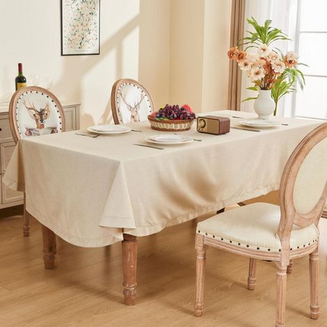 Nappe ovale 155x300 cm Beige aspect lin avec motif ajouré, cousue main