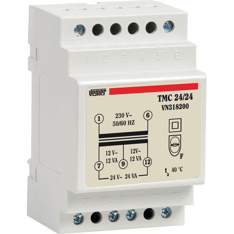 Transformateur pour tableau électrique 24VA – Tension primaire 230V, secondaire 12-24V AC – Montage sur rail DIN – Usage pour appareils basse tension – Vemer