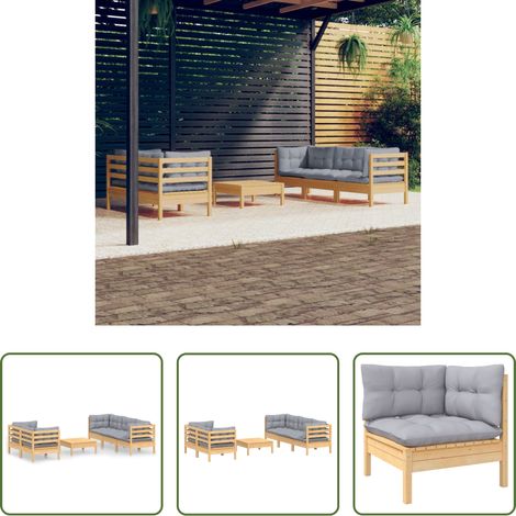 vidaXL Gartenlounge - 6-tlg. Garten-Lounge-Set mit Grauen Kissen Kiefernholz (1/5)