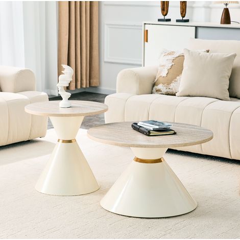 Couchtische rund im 2er Set mit 2 Platten, konisches Metallgestell, für Wohnzimmer Schlafzimmer Büro, Creme (1/5)