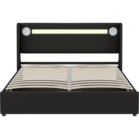 Cama con canapé 160x200 de PU negro con LED, Bluetooth, USB y somier de lamas (1/5)