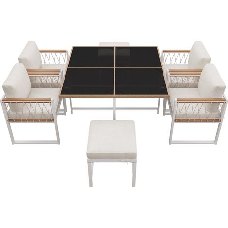 Ensemble de salle à manger de jardin 7 pièces, pour 6 personnes, table en verre trempé avec revêtement en rotin synthétique, plateau en bois d'acacia, idéal pour l'arrière-cour et le jardin - Beige (1/5)
