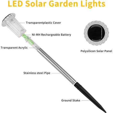Lampes solaires de jardin LED, lot de 6 lampes solaires blanc chaud, étanches IP44, pour pelouse, jardin et terrasse. Idéales pour l'extérieur. (1/4)