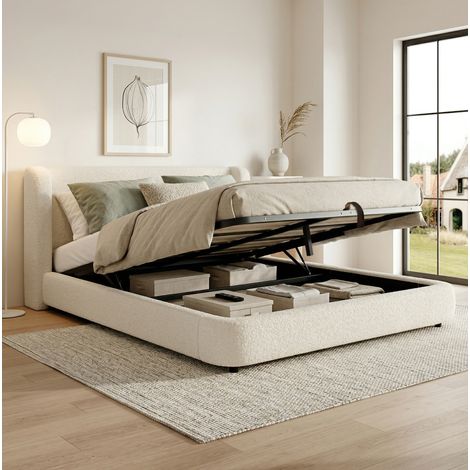 Polster-Doppelbett mit hydraulischem Stauraum 180 x 200 cm, Beige Bouclé, OKWISH (1/5)
