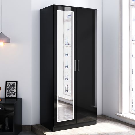 ELEGANT Modern Soft Close 2 Doors Wardrobe with Mirror and Metal Handles Includes a removable hanging rod and storage shelves, Black (1/5)