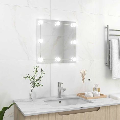 Miroir mural carré avec éclairage LED 50x50 cm – Verre argenté, lumière blanche chaude et froide réglable 3000-6000K, alimentation USB 5V, kit de 8 ampoules inclus (1/5)