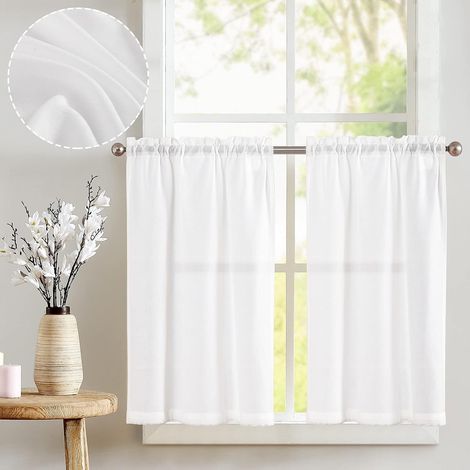 CCYKXAAspect lin Lot de 2 rideaux de fenêtre modernes 66x63cm (l x H) - Rideaux de cuisine avec tringles style maison de campagne, courts, semi-transparents (1/5)