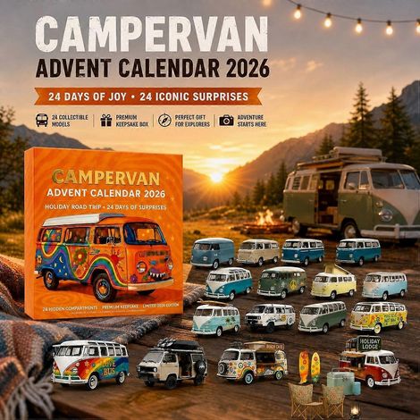 Calendrier de l'Avent 2026 en forme de camping-car avec 24 figurines plates en acrylique à collectionner, cadeau surprise pour les amoureux du camping et des voyages.