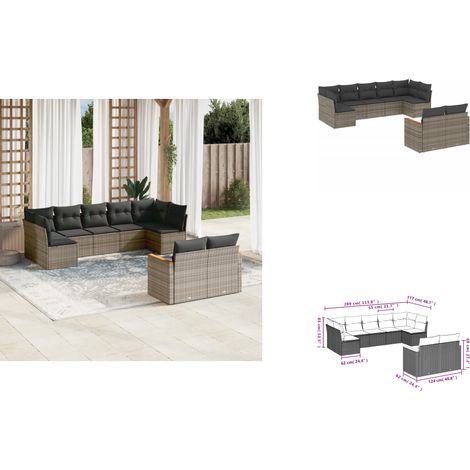 9-tlg. Garten-Sofagarnitur mit Kissen Grau Poly Rattan - Gartenmöbel - Rattan Möbel - Outdoor Sofa - Lounge Set - Esstischgarnitur (1/3)
