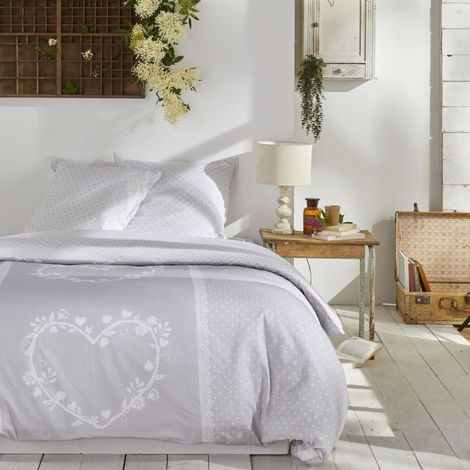 Parure de lit double 'Constance" en coton imprimé de coeurs - Gris clair - 240 x 260 cm - Livraison gratuite (1/3)