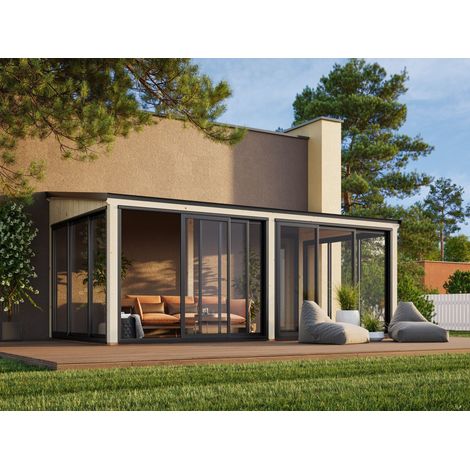 Abri de jardin en épicéa nordique 16,2 m² – Parois vitrées coulissantes en aluminium – Vitrage trempé – Espace détente ou réception – Palmako (1/5)