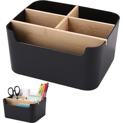 Organisateur en bois 5 compartiments, boîte de rangement multifonction, rangement de bureau pour cosmétiques, télécommandes, lunettes (1/4)