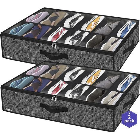 Lot de 2 Sac De Rangement pour Chaussures avec fenêtre Transparente - Organiseur à Chaussures pour Rangement 12 Compartiments boîte de Rangement sous Le lit, Noir Tissu en Lin (1/5)