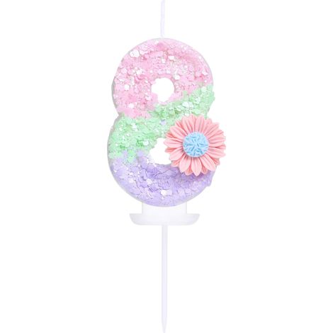 Bougie d'anniversaire en forme de chiffre 8 avec fleur, bonbons macarons pailletés, bougie d'anniversaire pour fille et femme, thème sucré, 8e anniversaire, mariage, décoration de gâteau (1/5)