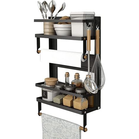 1 Étagère Magnétique, Acier Inoxydable, Bois, Pliable, Porte-Épices, Support Papier, Cuisine, Réfrigérateur