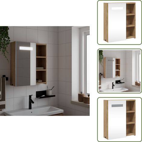 The Living Store Armoire de salle de bain à miroir avec LED chêne 45x13x52 cm - Armoire De Salle De Bain - Meuble Lavabo - Armoire Miroir - Luminaire Led - Rangement Salle De Bain (1/5)