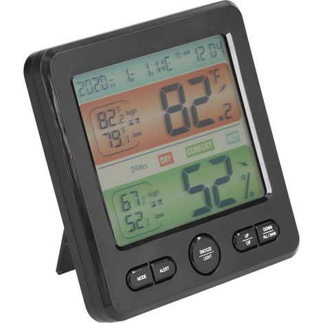 TS-6211 Schwarzes digitales Thermometer-Hygrometer, große LCD-Uhr, Wetterstation für den Innenbereich mit Temperatur- und Feuchtigkeitsanzeige, präzise elektronische Anzeige. (1/5)