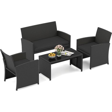 Confort Assuré Salon de Jardin 4 Pièces Résine Tressée Table Verre Trempé Coussins Amovibles pour Terrasse Jardin (1/5)
