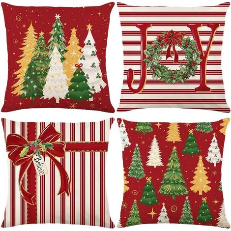 Rouge Housse Coussin Noël - 4pcs Decoration Noel Interieur Maison Housse Coussin Noel 45x45cm, Taies d'oreiller de Noël en Lin pour Chambre, Canapé, Christmas Decoration, Décoration Noel Intérieur (1/5)