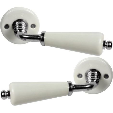 Poignée de porte d'entrée en porcelaine de Limoges nickelé mat – Entraxe 7mm – Longueur 110mm – Rosace diamètre 5cm – Merigous