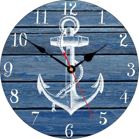 34 cm Blanc Ancre Schéma Horloge Murale, Non tic-tac Silencieux Horloges, Nautique Rétro en Bois Chiffre Arabe Horloges, Facile à Lire Pendules murales pour la Cuisine/Le Salon/Chambre (1/5)