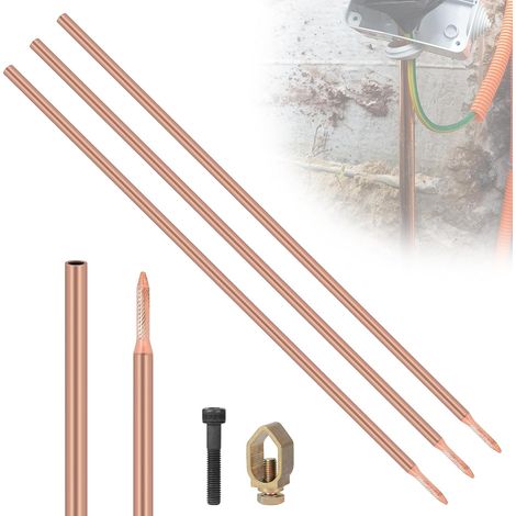 3 x Tige de Terre 1 m Tiges de Sol φ17,2 mm en Acier au Carbone, Revêtement en Cuivre Rouge de 0,2 mm Ground Rod avec Pince et Boulon d'Entraînement (1/5)