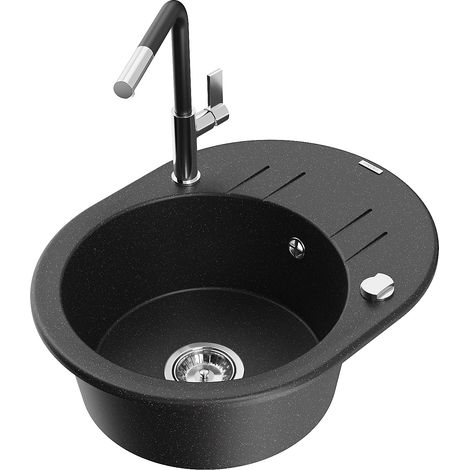 Mexen Kevin 1 Becken-Granitspüle mit Abtropffläche und Mischbatterie Flora, Schwarz/Silbermetallic -