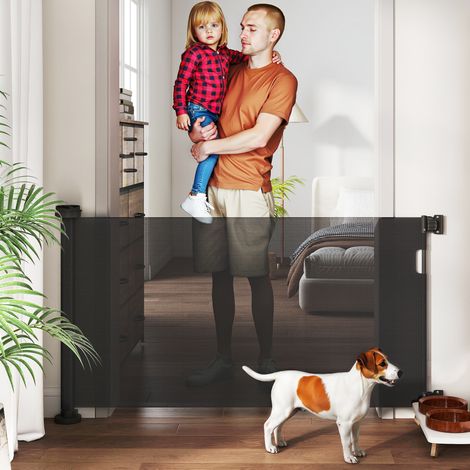 Barrière de sécurité rétractable 142x10x87 cm Noir pour chiens avec interrupteur de serrure pour portes, escaliers, couloirs