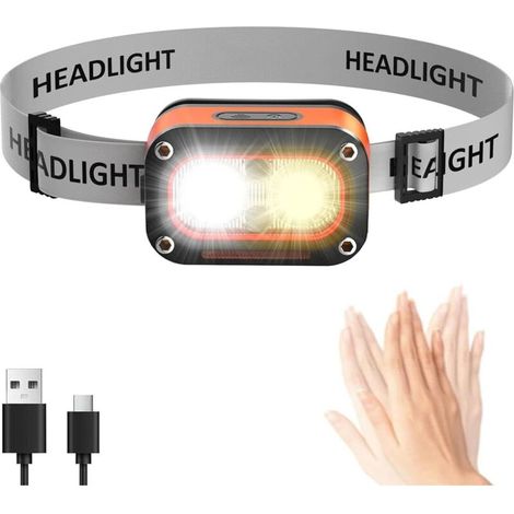 Lampe frontale LED rechargeable USB-C, étanche IPX4, avec détecteur de mouvement, idéale pour le camping, la course à pied, le vélo et la pêche. (1/5)