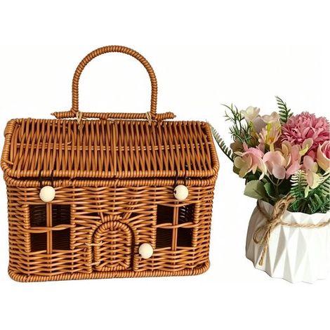 Panier de pique-nique en osier 24 x 14 x 16 cm – Panier de jardin avec couvercle et poignée – Panier de courses et rangement décoratif en forme de maison – Pour pique-nique et décoration (1/5)