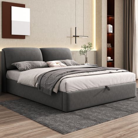 Lit coffre 180x200 cm avec 3 tiroirs, rangement, tête de lit rembourrée et sommier à lattes, velours gris, sans matelas (1/5)