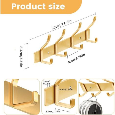 Wandgarderobe, Wandgarderobenhaken, Garderobenständer für Küche, Bad und Schlafzimmer (Gold, 4 Haken) (1/4)