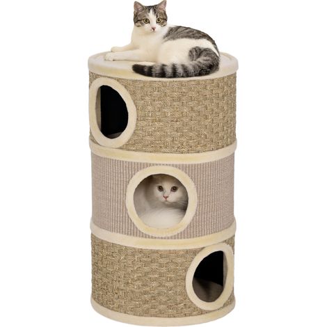 Tonneau pour chat - PawHut - 3 niveaux, avec griffoirs, recouvert de peluche - panneau de particules - 45 x 45 x 79 cm - kaki café
