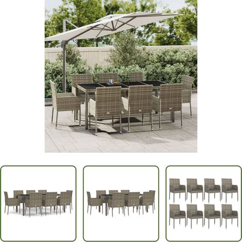 Gartenessgruppe - 9-tlg. Garten-Essgruppe mit Kissen Grau Poly Rattan (1/5)