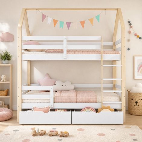 DESMIU Lit cabane enfant 90 × 200 cm 1 place avec tiroirs, sans matelas, en bois massif, blanc et chêne (1/5)