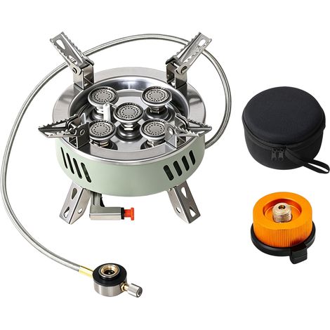 Réchaud de camping à gaz, Cuisinière pliable extérieur - 5 Brûleurs, Allumage piezo électronique - Pour randonnée et pique-nique - Vert (1/5)
