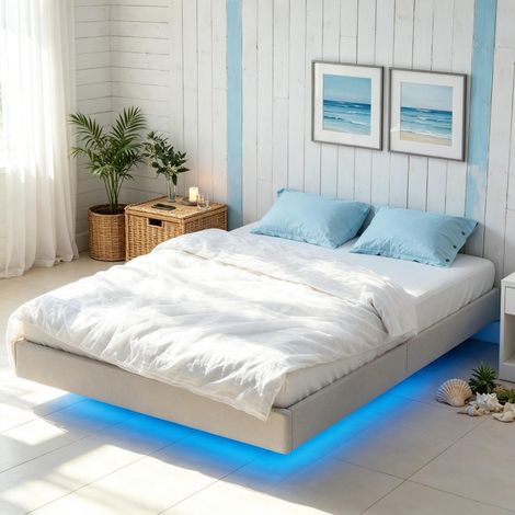 Estructura de cama flotante de 140x190 cm con iluminación LED, cama doble, funda nórdica de lino, base de láminas de madera incluida (solo la estructura de la cama). (1/5)