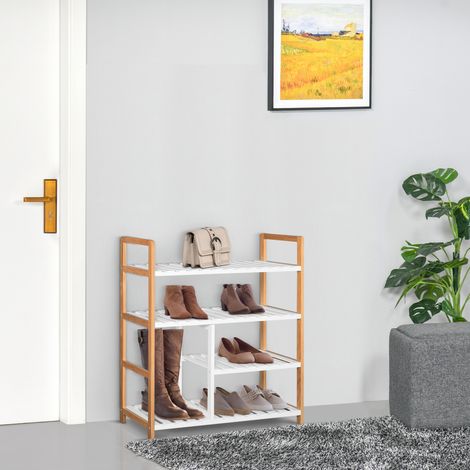 Schuhregal – Aufbewahrungsschrank – 4-stöckiger Schuhschrank, Kiefernholz, weiße MDF-Lamellenregale