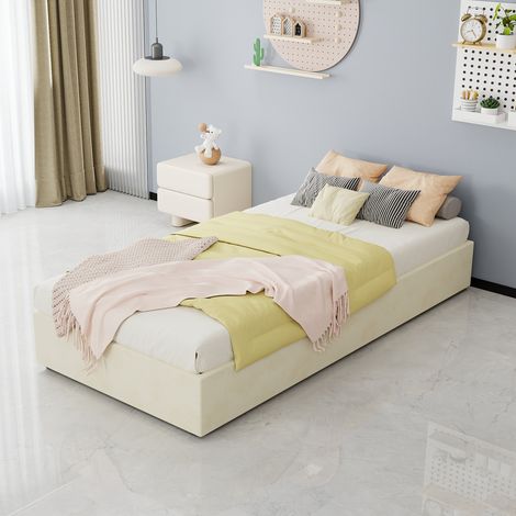 AS EASY Modern Minimalist Bed Frame, 90200 cm, Beige, Dutch Velvet Material, Equipped with Gas Lift Pistons, Modern Style Bedroom Furniture, Excluding Headboard and Mattress. (1/5)