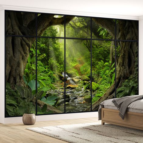 Papier peint panoramique Trompe l'oeil Verrière - Chemin forêt - 260 cm x 164 cm (1/5)